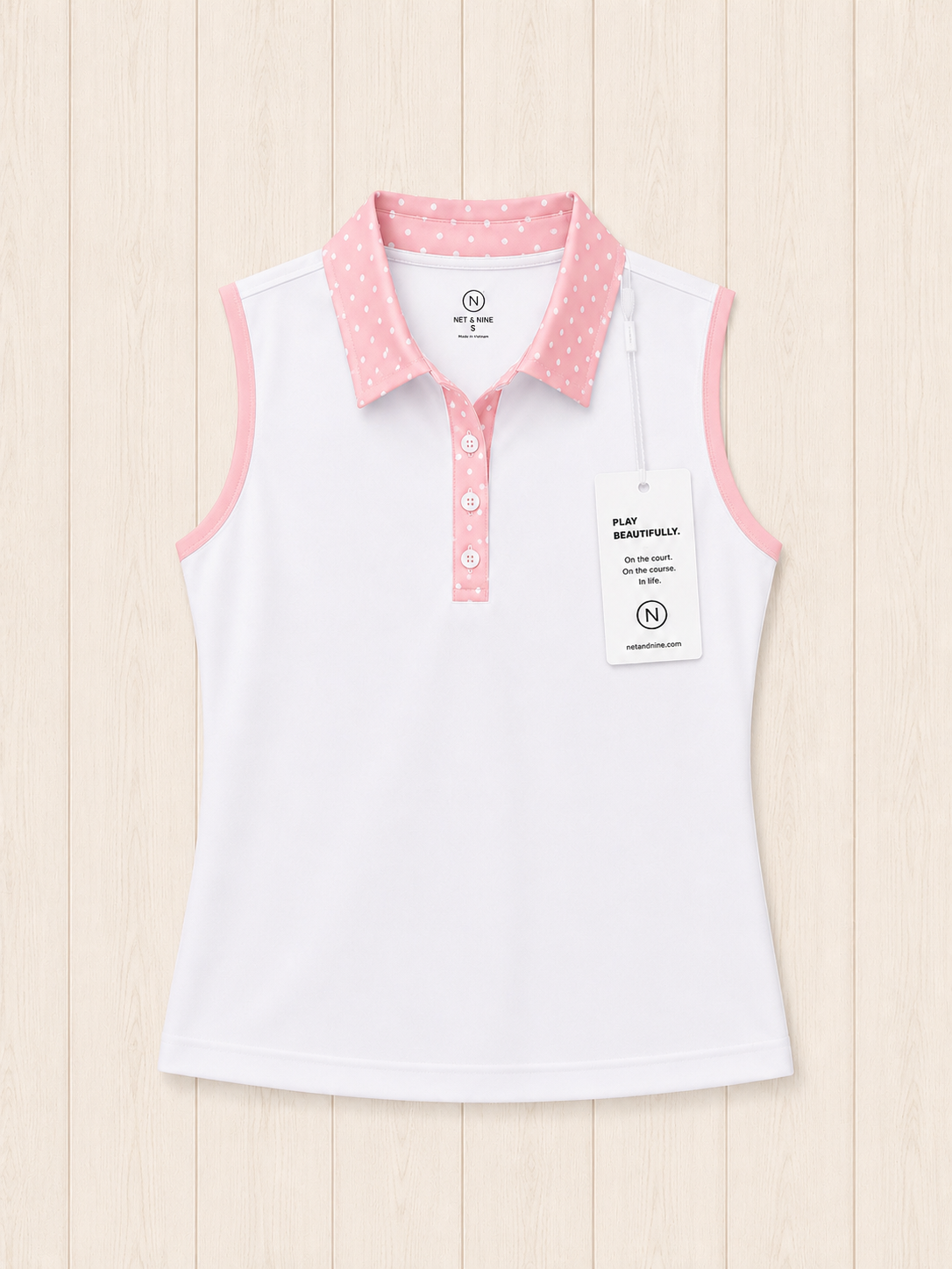 White Sleeveless Polo - Soft Pink Polka Dot Trim