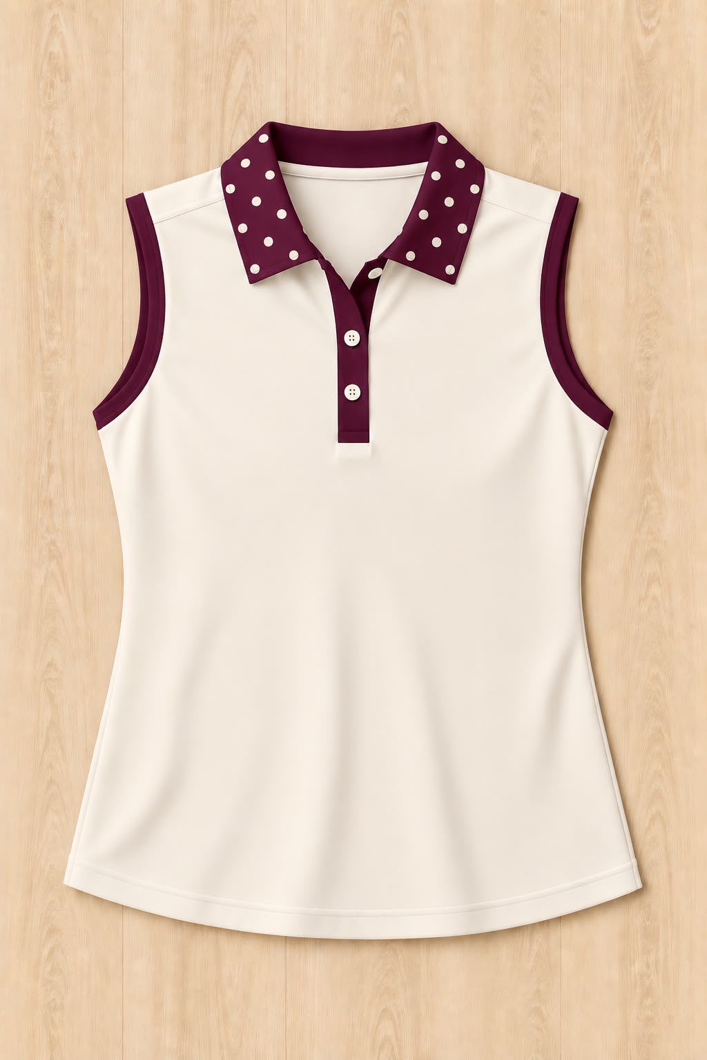 Bone Sleeveless Polo - Plum WIne Polka Dot Trim