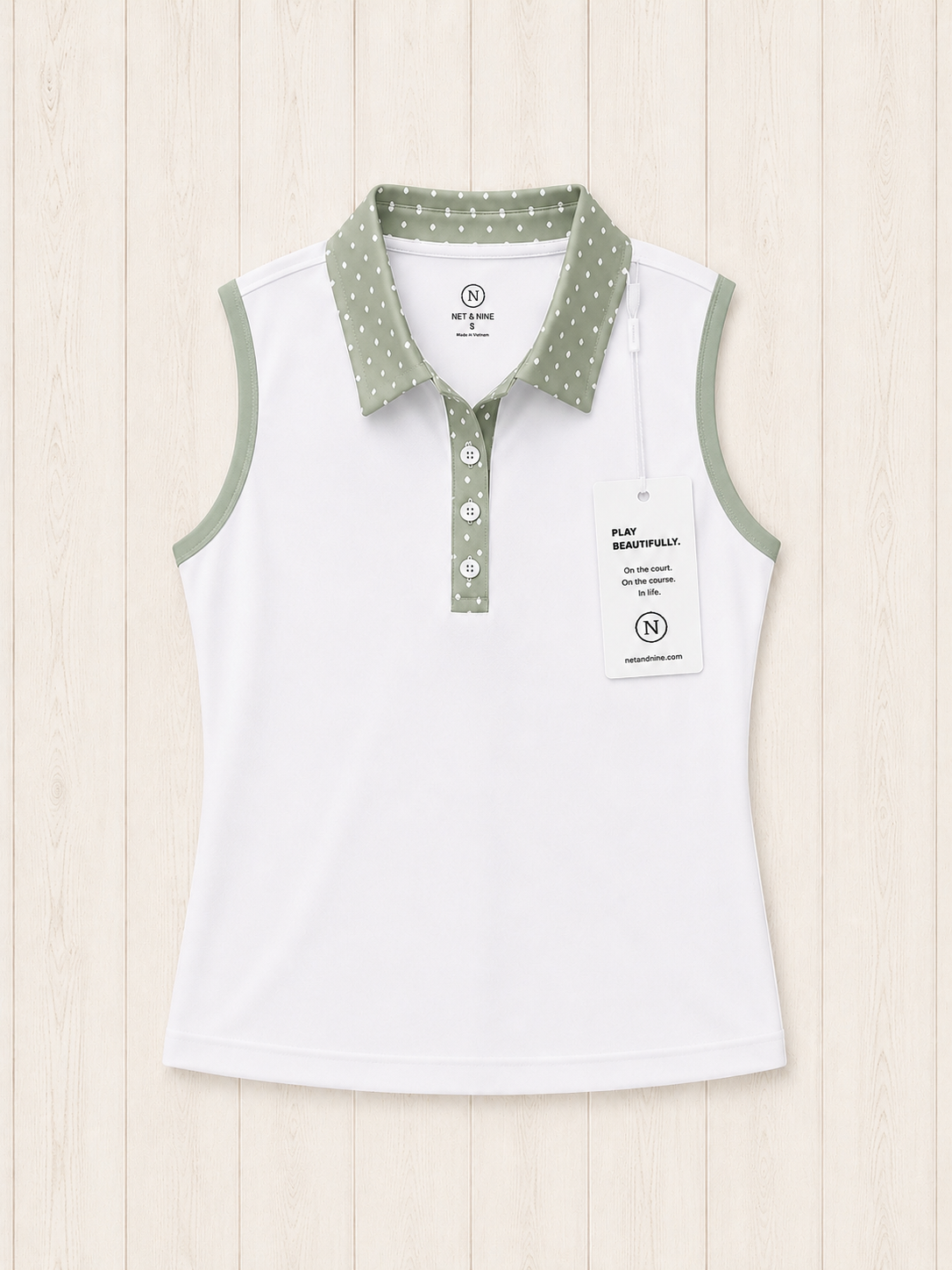 White Sleeveless Polo - Coastal Sage Polka Dot Trim