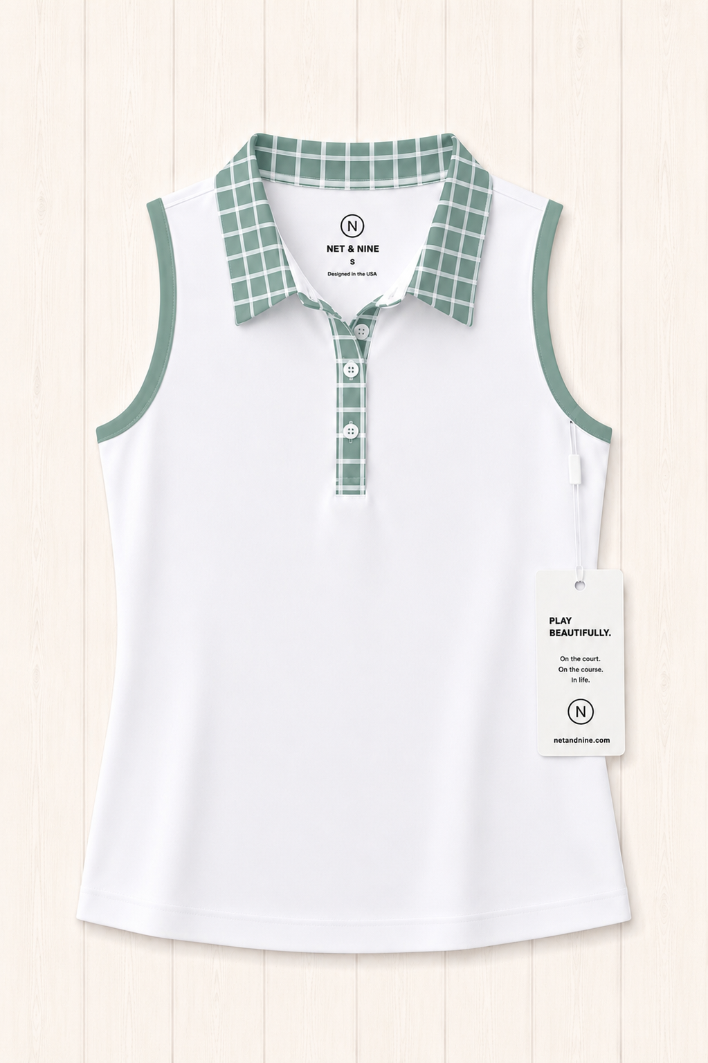White Sleeveless Polo - Coastal Sage Windowpane Trim