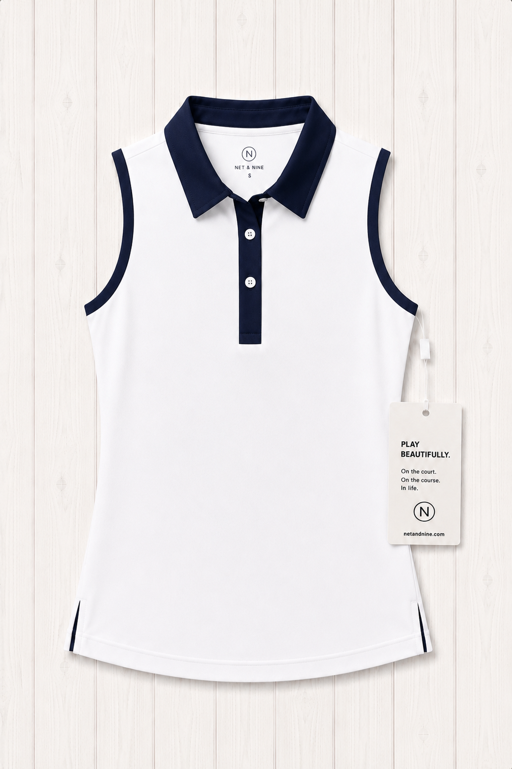 White Sleeveless Polo - Deep Navy Trim