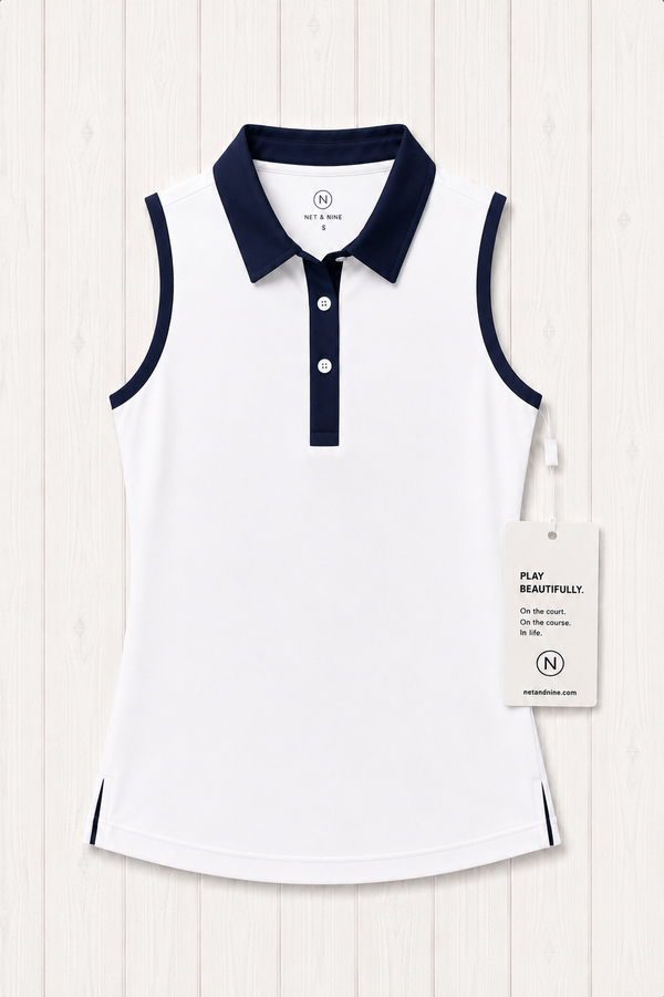 White Sleeveless Polo - Deep Navy Trim