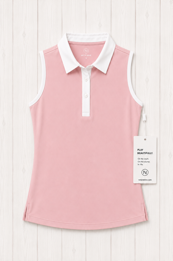 Soft Pink Sleeveless Polo - White Trim
