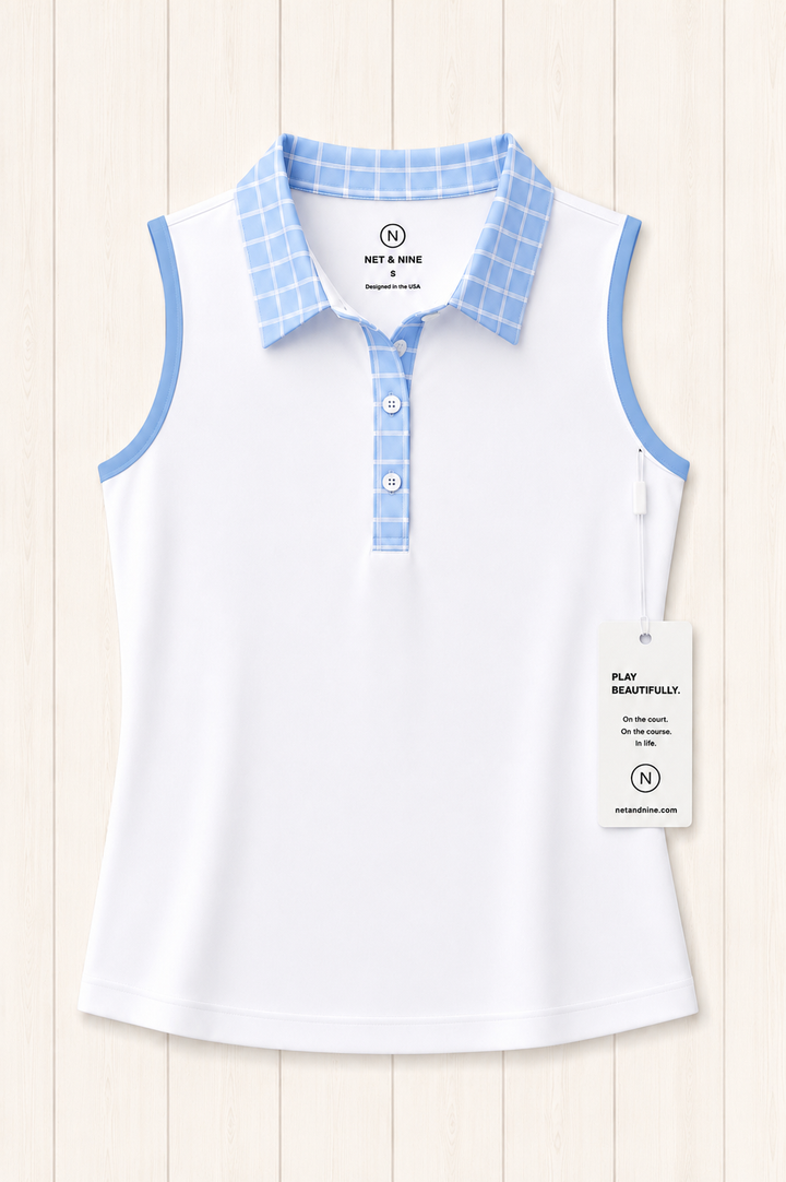 White Sleeveless Polo -  Powder Blue Windowpane Trim