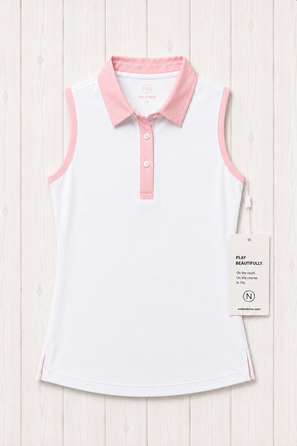 White Sleeveless Polo - Soft Pink Trim