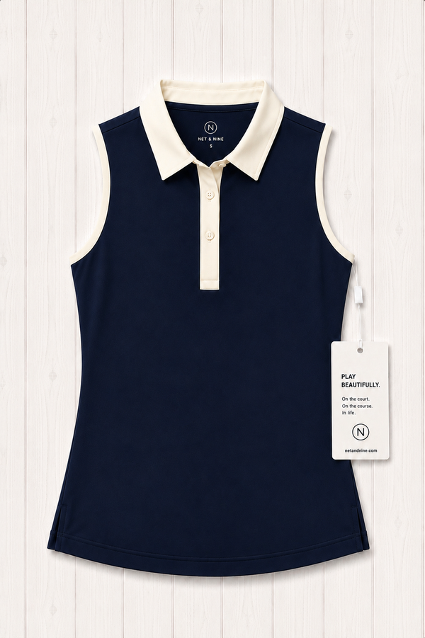 Deep Navy Sleeveless Polo - Cream Trim