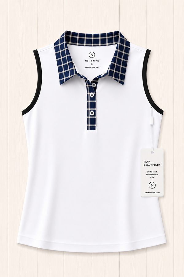 White Sleeveless Polo - Deep Navy Windowpane Trim