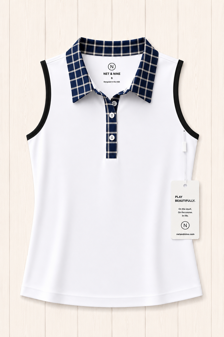 White Sleeveless Polo - Deep Navy Windowpane Trim