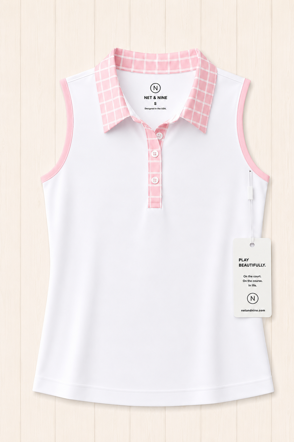 White Sleeveless Polo -  Soft Pink Windowpane Trim