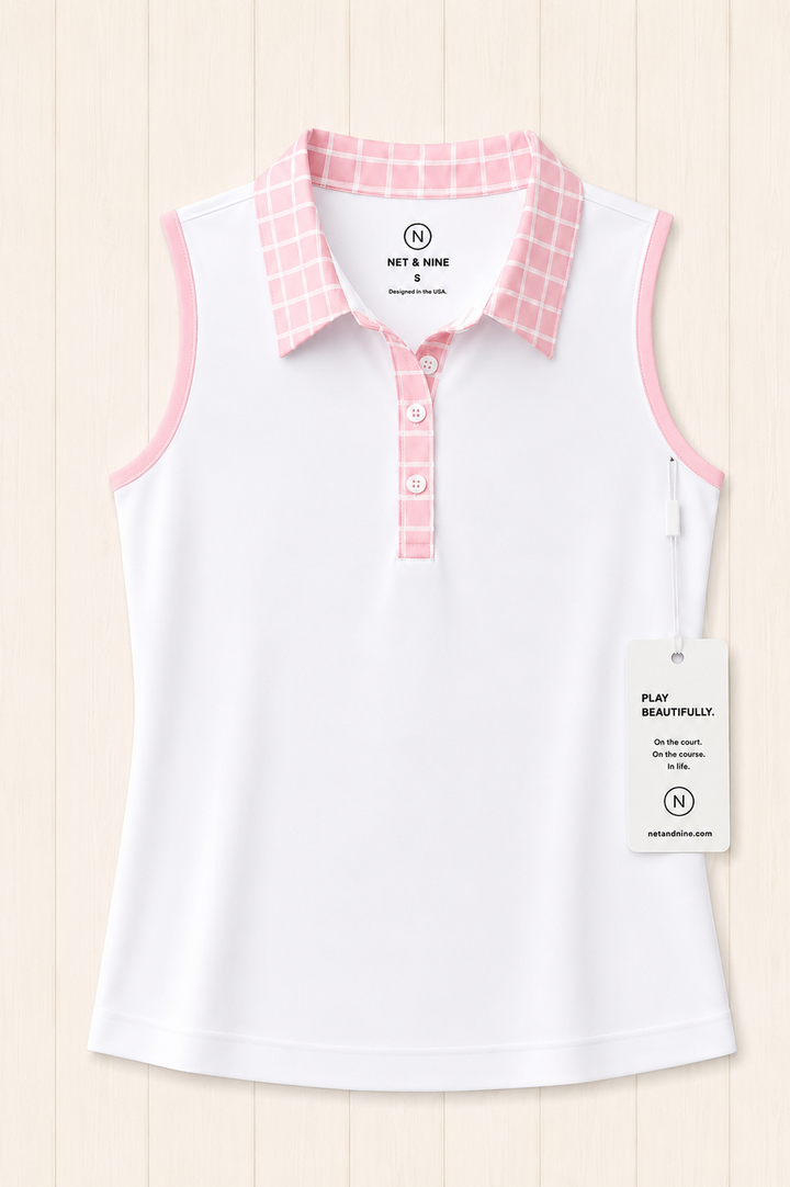 White Sleeveless Polo -  Soft Pink Windowpane Trim