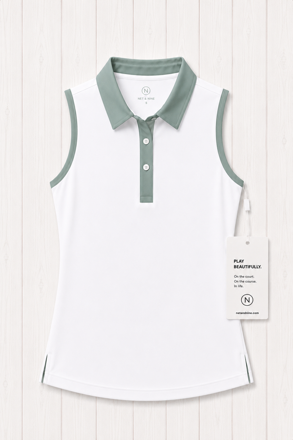 White Sleeveless Polo - Coastal Sage Trim