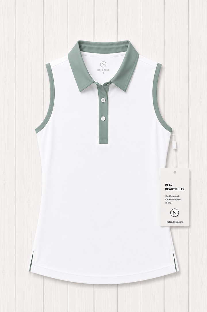 White Sleeveless Polo - Coastal Sage Trim