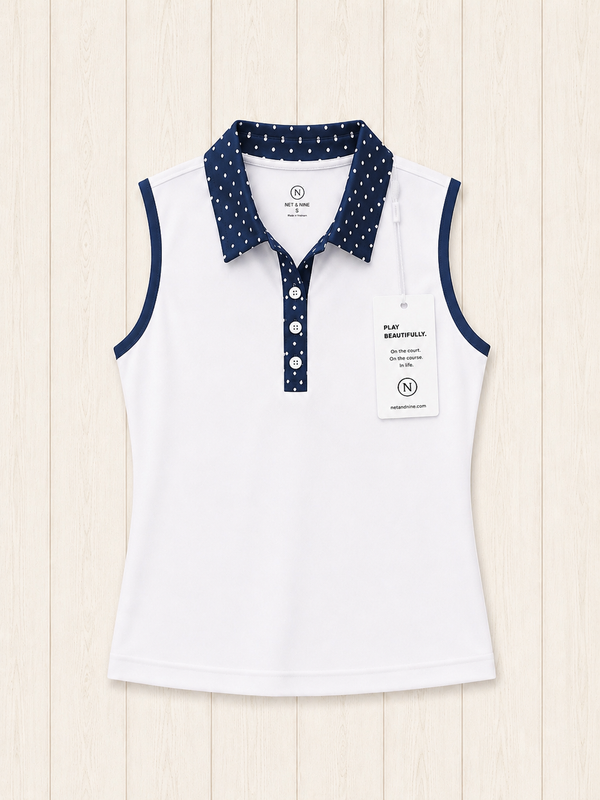White Sleeveless Polo - Deep Navy Polka Dot Trim