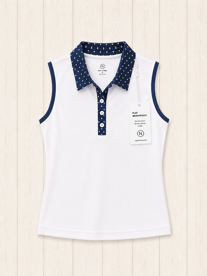 White Sleeveless Polo - Deep Navy Polka Dot Trim