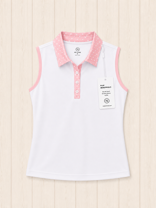 White Sleeveless Polo - Soft Pink Polka Dot Trim