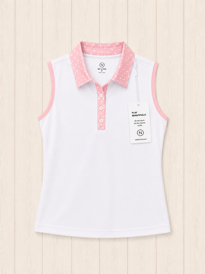 White Sleeveless Polo - Soft Pink Polka Dot Trim