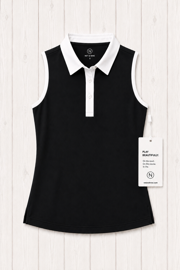 Black Solid Sleeveless Polo - White Trim