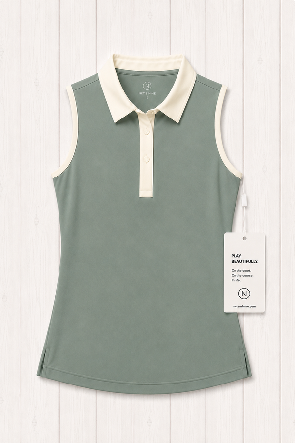Coastal Sage Sleeveless Polo - Cream Trim
