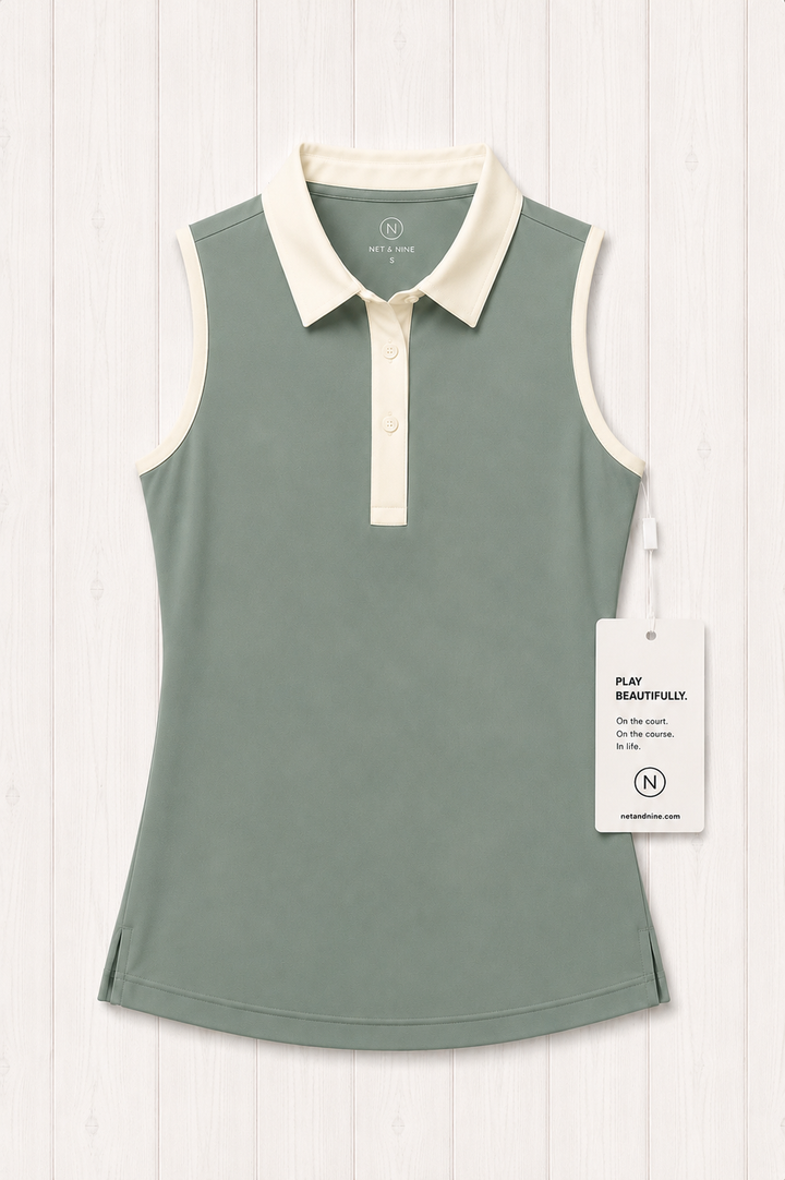 Coastal Sage Sleeveless Polo - Cream Trim