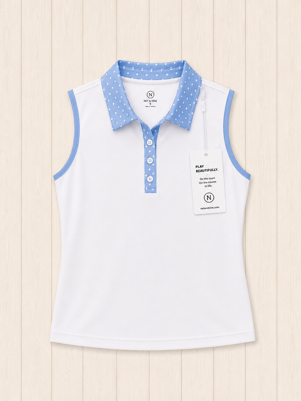 White Sleeveless Polo Powder Blue Polka Dot Trim