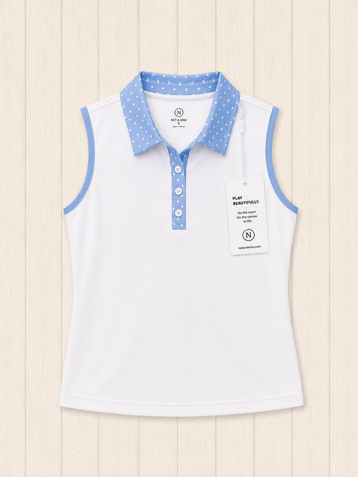 White Sleeveless Polo Powder Blue Polka Dot Trim