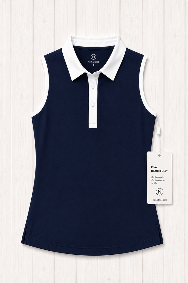 Deep Navy Sleeveless Polo - Cream Trim