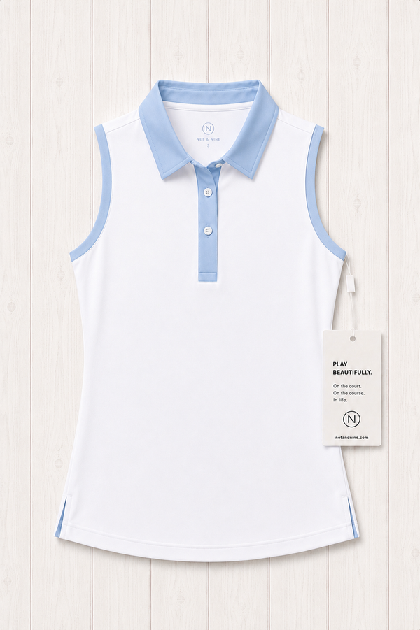 White Sleeveless Polo - Powder Blue Trim