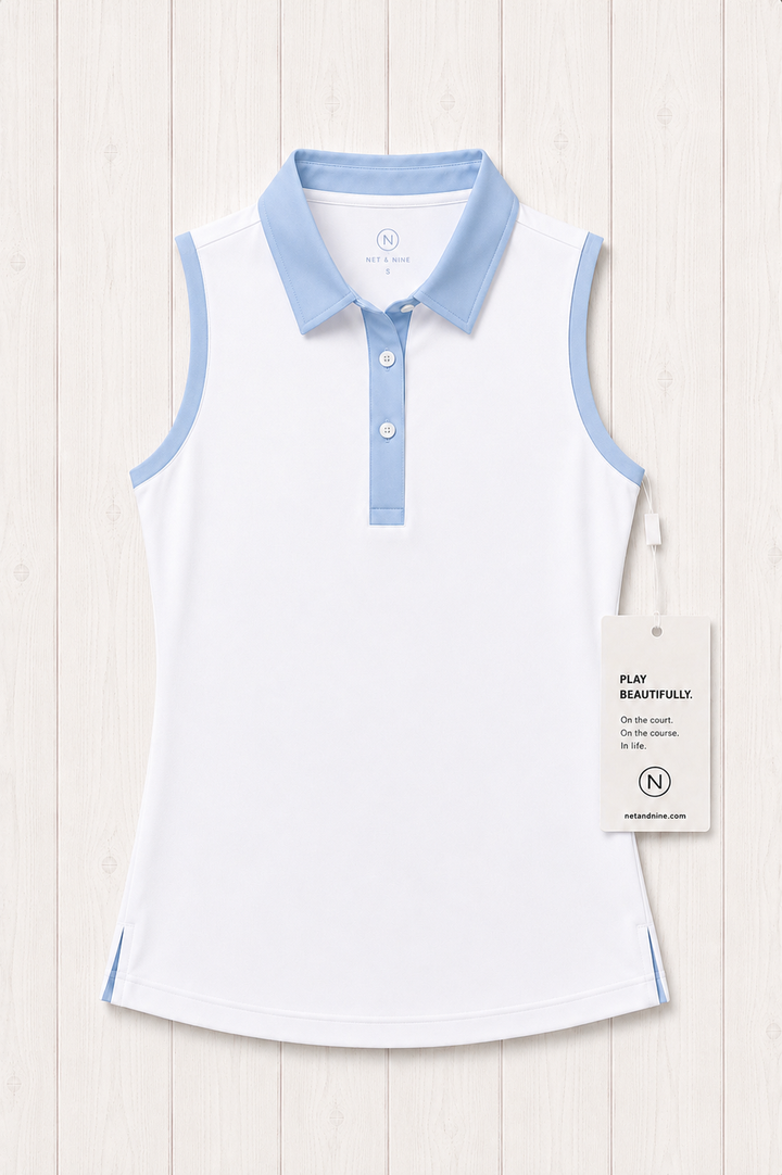 White Sleeveless Polo - Powder Blue Trim