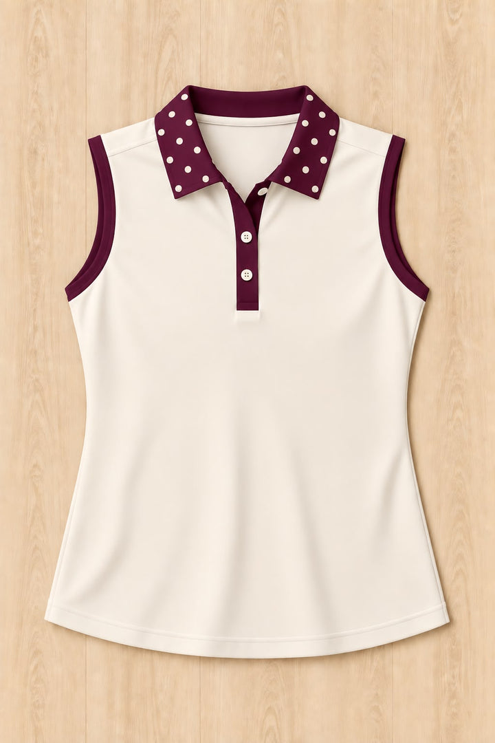 Bone Sleeveless Polo - Plum WIne Polka Dot Trim