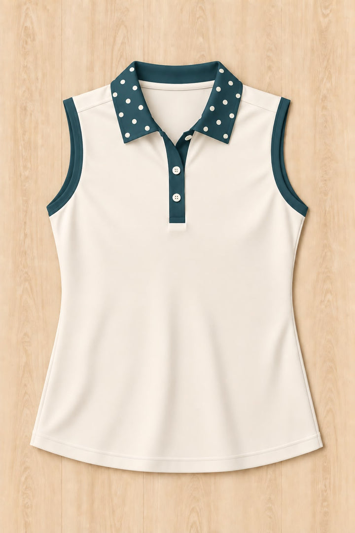 Bone Sleeveless Polo - Teal Polka Dot Trim
