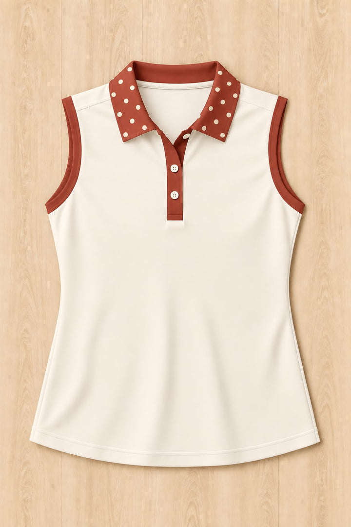 Bone Sleeveless Polo - Terra Cotta Polka Dot Trim