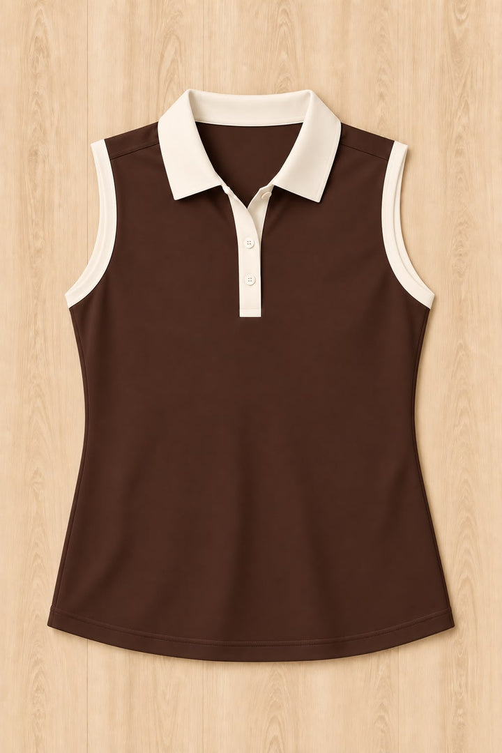 Chocolate Sleeveless Polo - Bone Trim