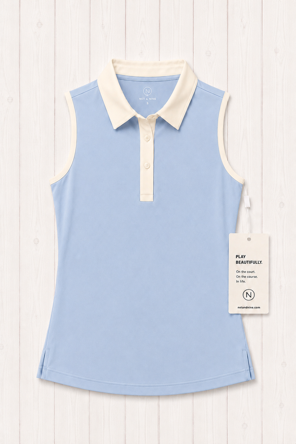 Powder Blue Sleeveless Polo - Cream Trim