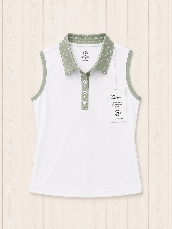 White Sleeveless Polo - Coastal Sage Polka Dot Trim