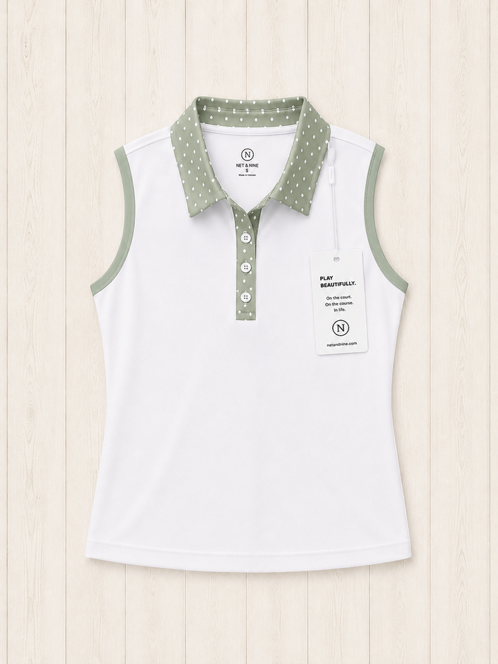 White Sleeveless Polo - Coastal Sage Polka Dot Trim