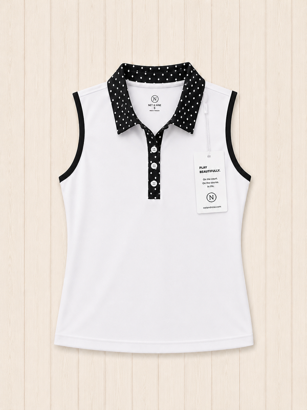 White Sleeveless Polo - Black Polka Dot Trim