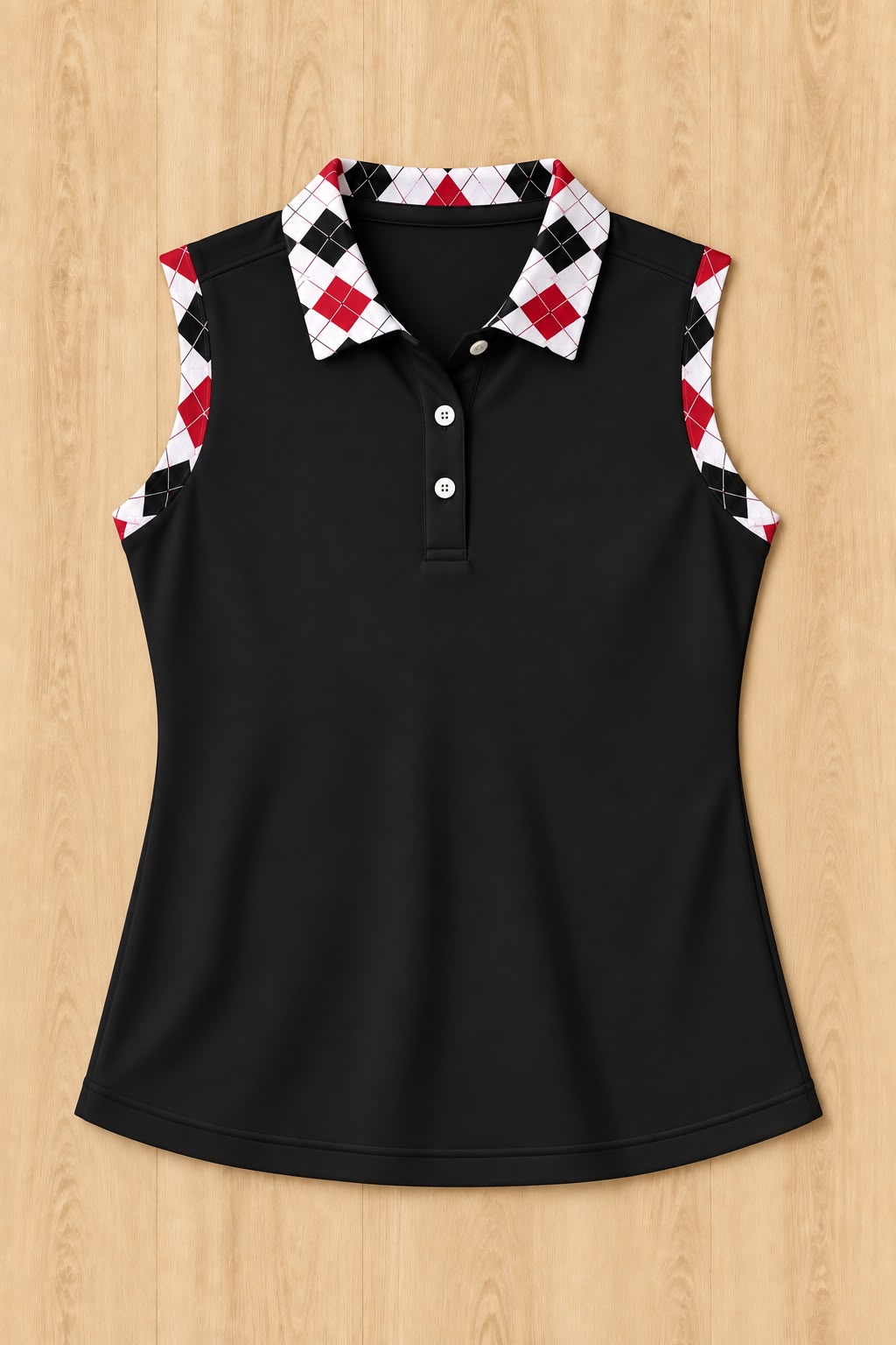 Solid Black Sleeveless Polo With Cardinal Black Argyle Trim