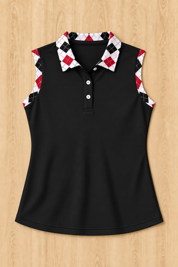 Solid Black Sleeveless Polo With Cardinal Black Argyle Trim