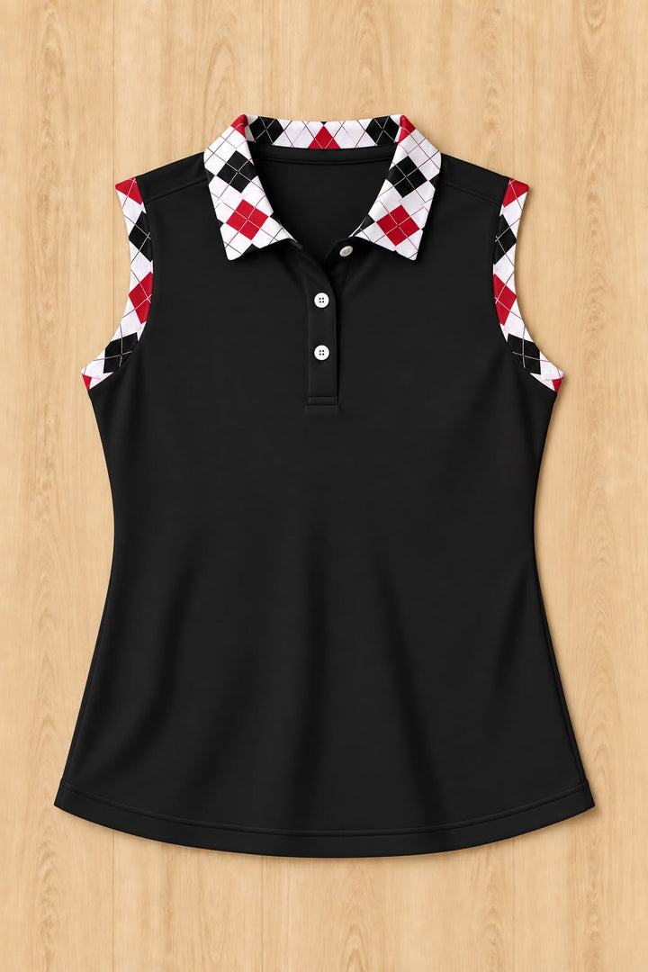 Solid Black Sleeveless Polo With Cardinal Black Argyle Trim