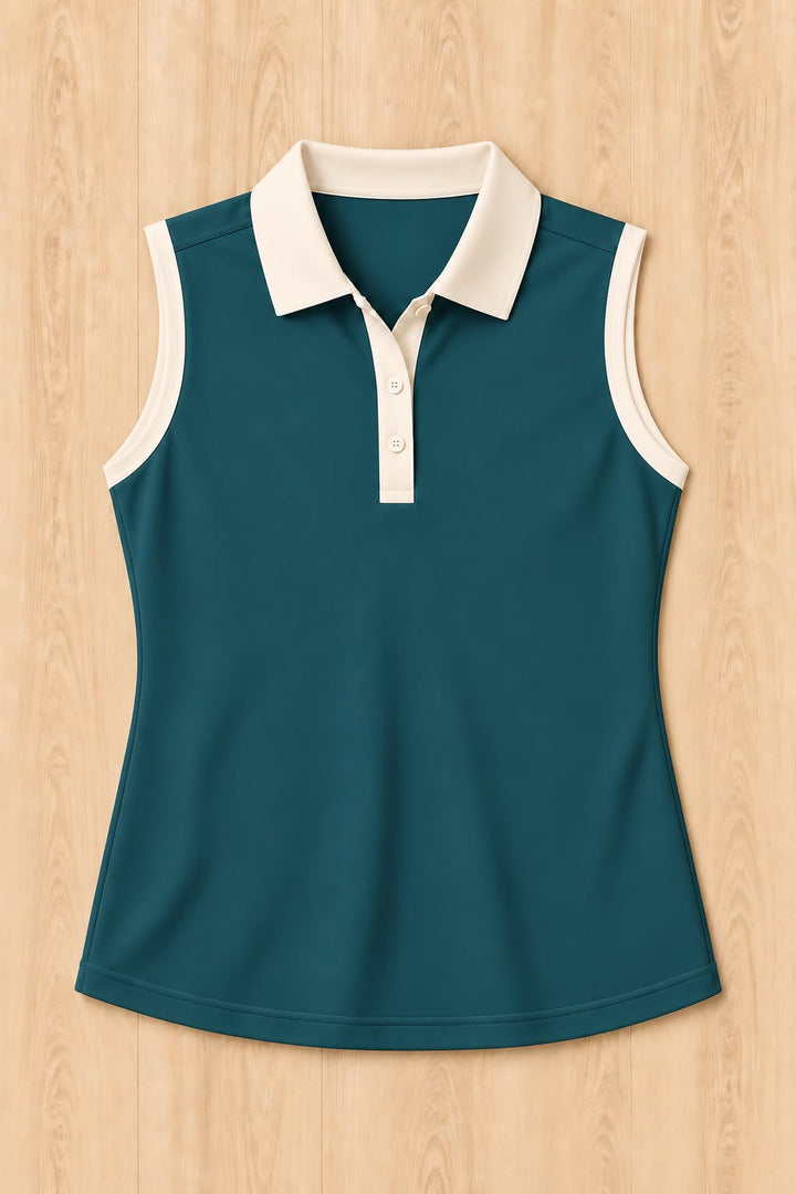 Teal Sleeveless Polo - Bone Trim