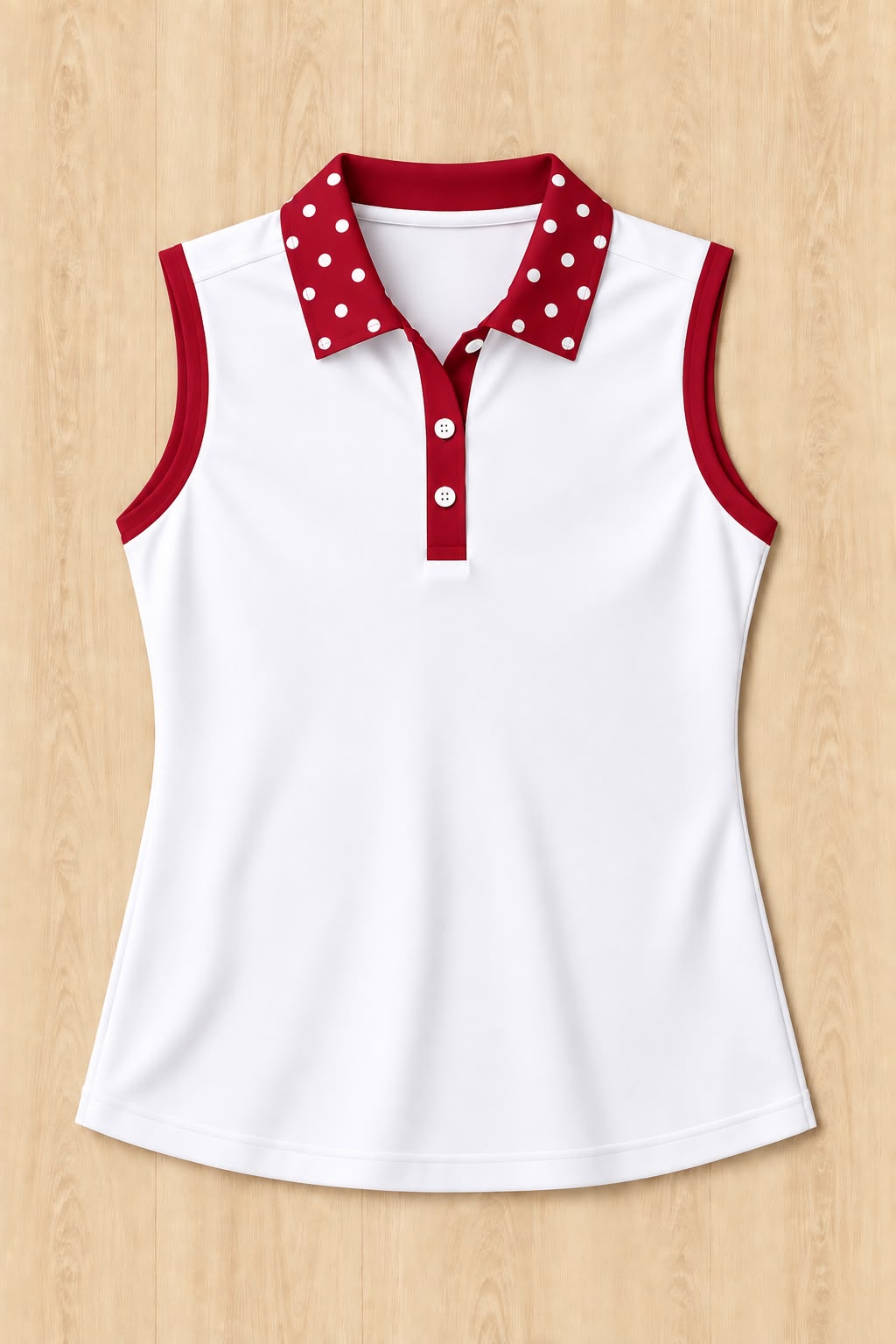 White Sleeveless Polo - Cardinal Polka Dot Trim