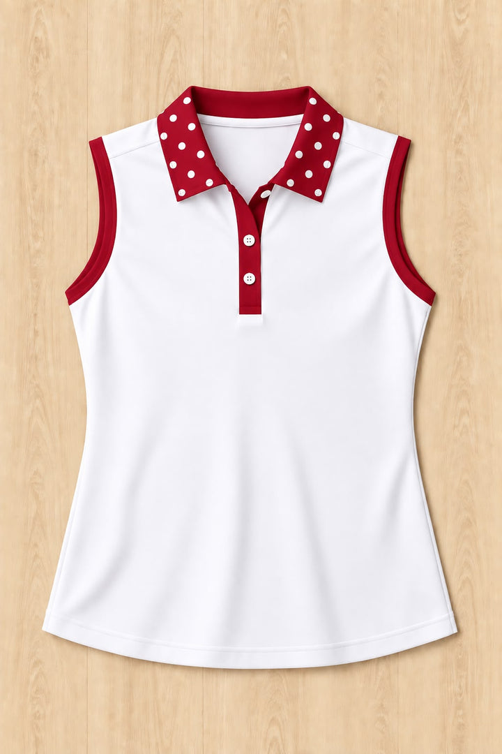 White Sleeveless Polo - Cardinal Polka Dot Trim